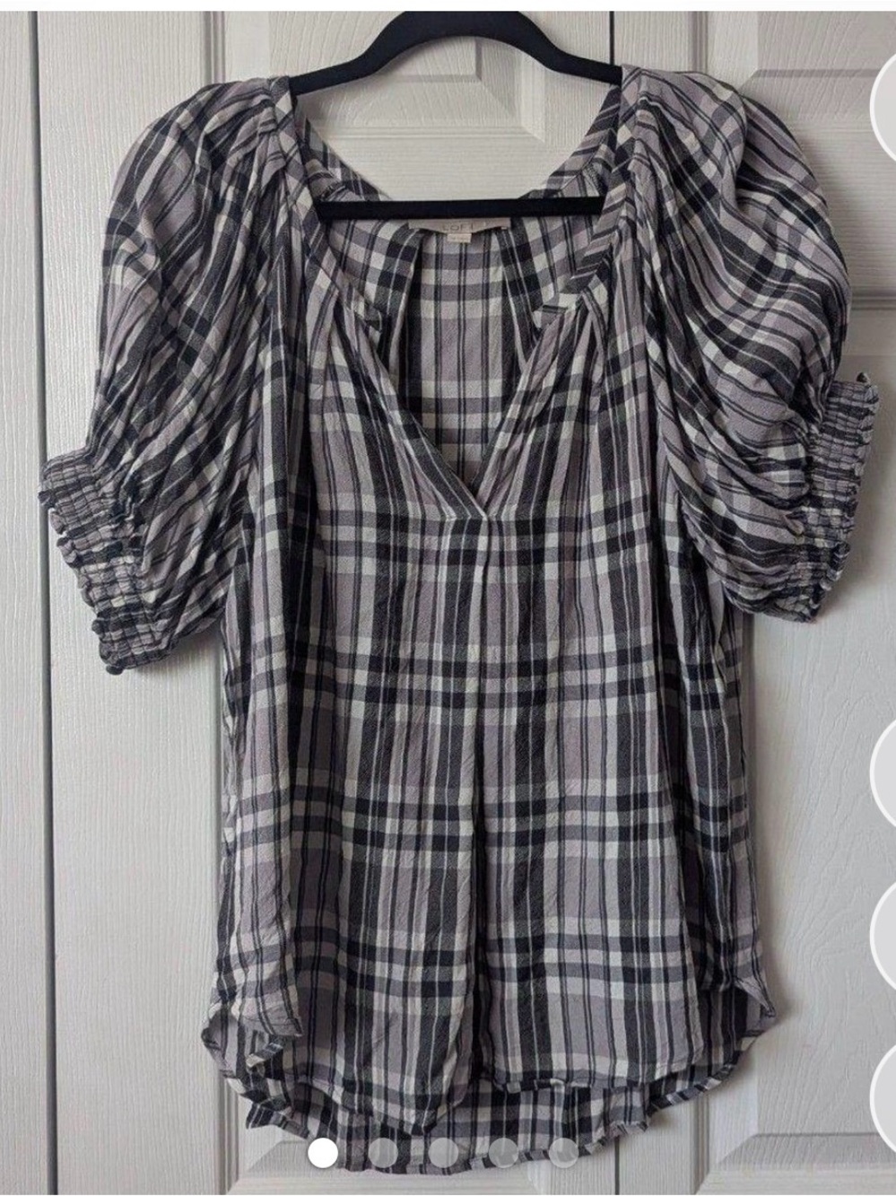 LOFT Plaid Puff-Sleeve Blouse - Gray & White